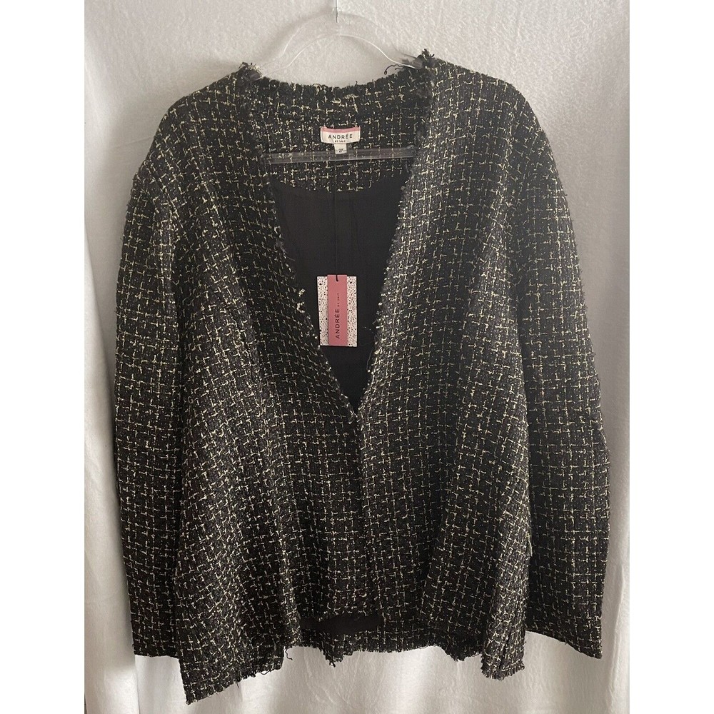 Andree by Unit Jacket Blazer Womens 3X Black Gold Tweed Open Plus New